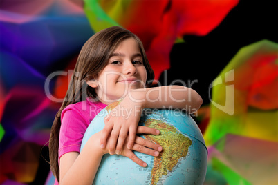 Composite image of cute pupil smiling holding globe