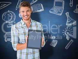 Composite image of young student showing tablet pc