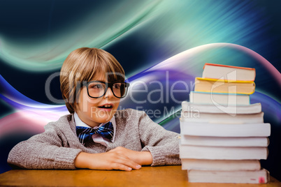 Composite image of cute pupil with pile of books