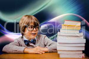 Composite image of cute pupil with pile of books