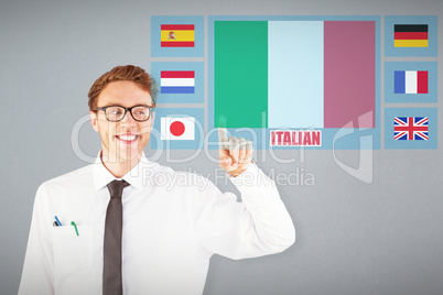 Composite image of geeky businessman smiling and pointing