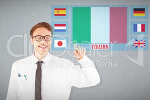 Composite image of geeky businessman smiling and pointing