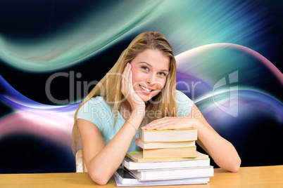 Composite image of portrait of female student in library