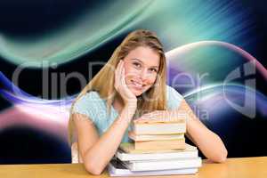 Composite image of portrait of female student in library