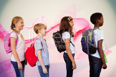 Composite image of school kids standing in school corridor