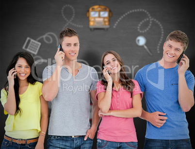 Composite image of a smiling group of friends make calls while l