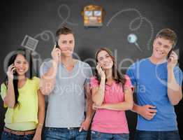 Composite image of a smiling group of friends make calls while l