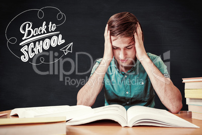 Composite image of student sitting in library reading