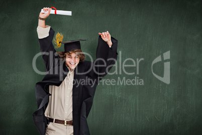 Composite image of male student in graduate robe jumping