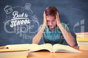 Composite image of student sitting in library reading