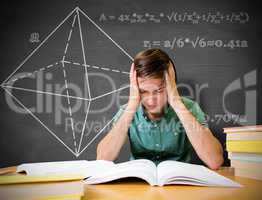 Composite image of student sitting in library reading