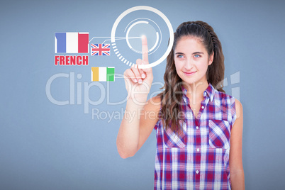 Composite image of pretty brunette pointing something with her f