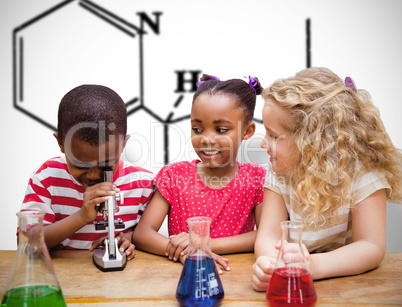 Composite image of cute pupil looking through microscope