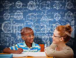 Composite image of happy pupil and teacher