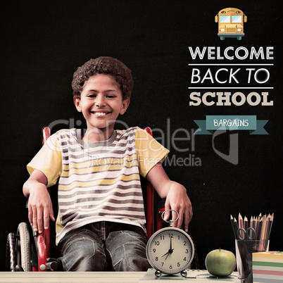 Composite image of cute disabled pupil smiling at camera in hall