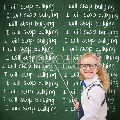 Composite image of happy pupil pointing the blackboard