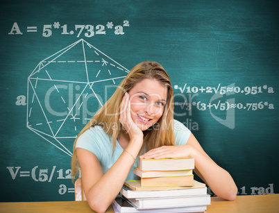 Composite image of portrait of female student in library