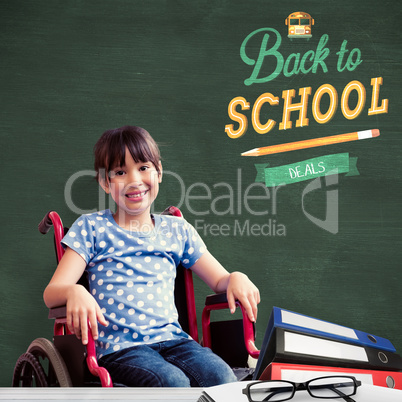 Composite image of cute disabled pupil smiling at camera in hall