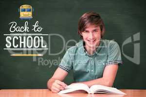 Composite image of student sitting in library reading