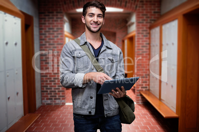 Composite image of student using tablet in library