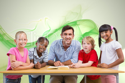 Composite image of teacher and pupils smiling at camera at libra