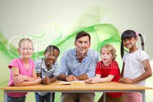 Composite image of teacher and pupils smiling at camera at libra