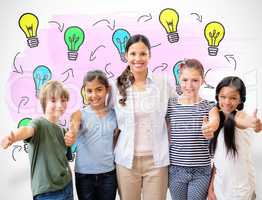 Composite image of cute pupils and teacher smiling at camera in