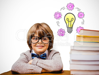 Composite image of pupil with many books Composite image of pupil with many books