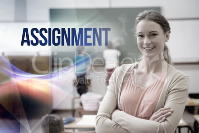 Assignment against pretty teacher smiling at camera at back of c