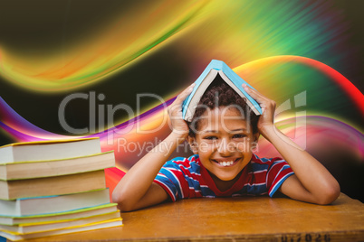 Composite image of pupil with many books