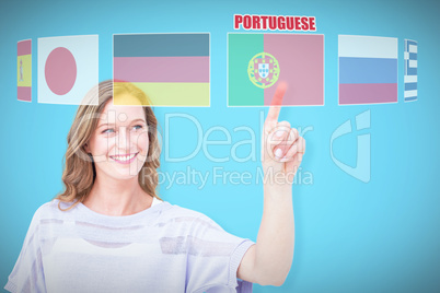 Composite image of pretty woman pointing with her finger
