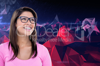 Composite image of cheerful woman wearing geek glasses looking a