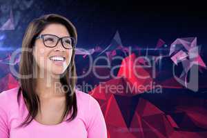 Composite image of cheerful woman wearing geek glasses looking a