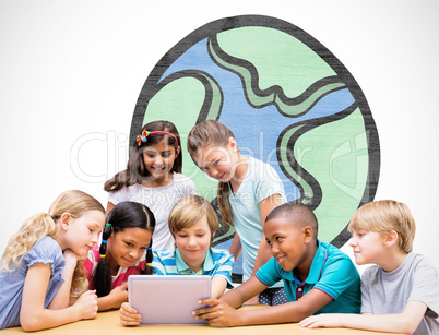 Composite image of cute pupils using tablet computer in library