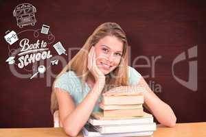 Composite image of portrait of female student in library