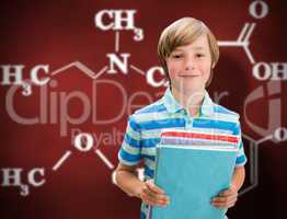 Composite image of cute pupil smiling at camera in library