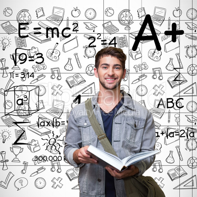 Composite image of student smiling at camera in library