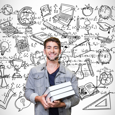 Composite image of student smiling at camera in library