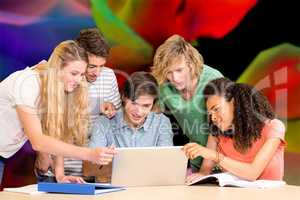 Composite image of college students using laptop in library