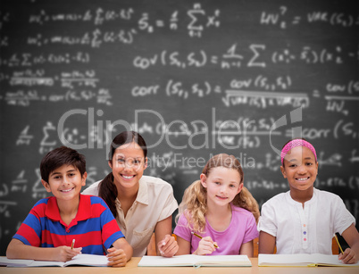 Composite image of pretty teacher helping pupils in library