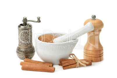 cinnamon, mortar and pestle, hand grinder