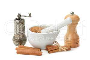 cinnamon, mortar and pestle, hand grinder