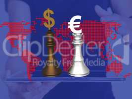 Hand holding chess pieces with dollar and euro signs with world map