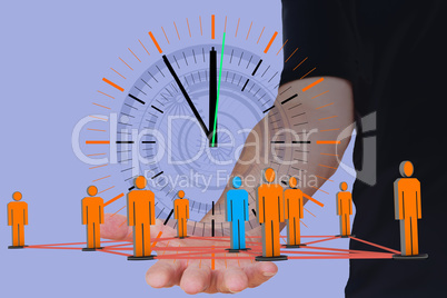 Hand holding figures with network clock
