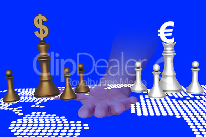Hand holding chess pieces with dollar and euro signs with world map
