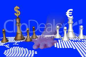 Hand holding chess pieces with dollar and euro signs with world map