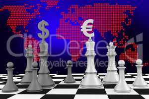 Chess pieces with dollar and euro sign and world map