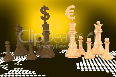Chess pieces with dollar and euro sign and world map