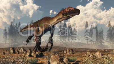 Utahraptor dinosaur in the desert - 3D render