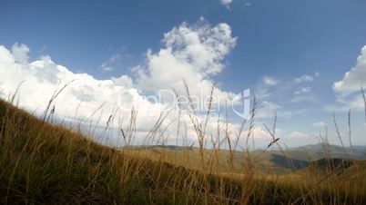 Mountains and Clouds on the Background of Grass. Time Lapse